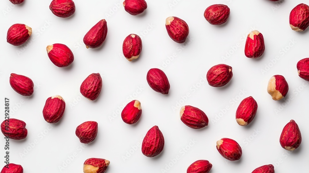 A flat lay of red peanuts arranged in a scattered pattern on a white background. A flat lay of red peanuts arranged in a scattered pattern on a white background.
