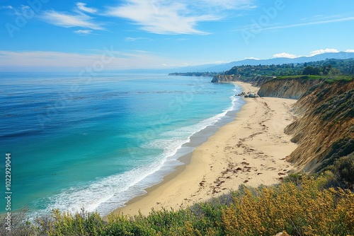 Looking out over beach on the coast of California - generative ai