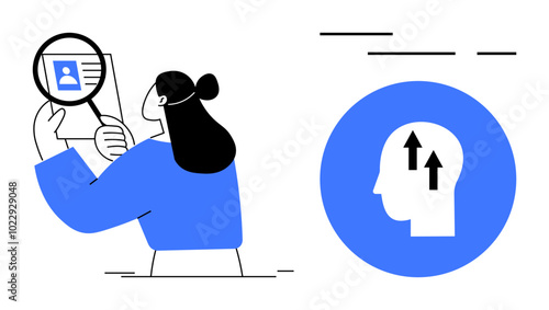 Person holding magnifying glass with profile photo visible and icon of head with upward arrows. Ideal for business analysis, personal development, recruitment, job search, human resources. Flat art