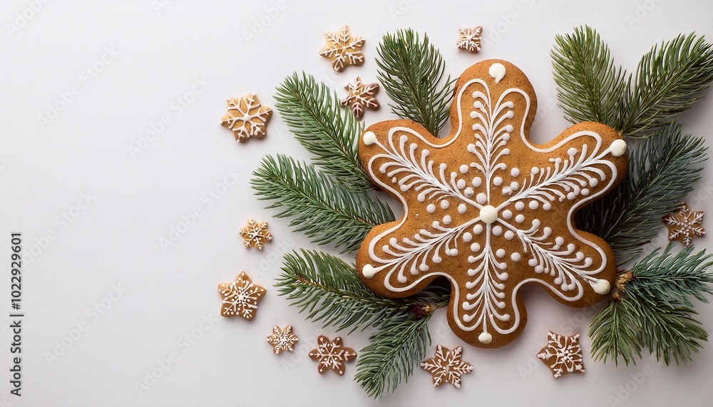 Panforte with fir tree branches on light background with space for text, top view, christmas concept Panforte with fir tree branches on light background with space for text, top view, christmas concept