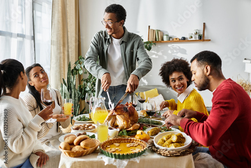 A group of friends celebrates Thanksgiving with a festive meal and great company.