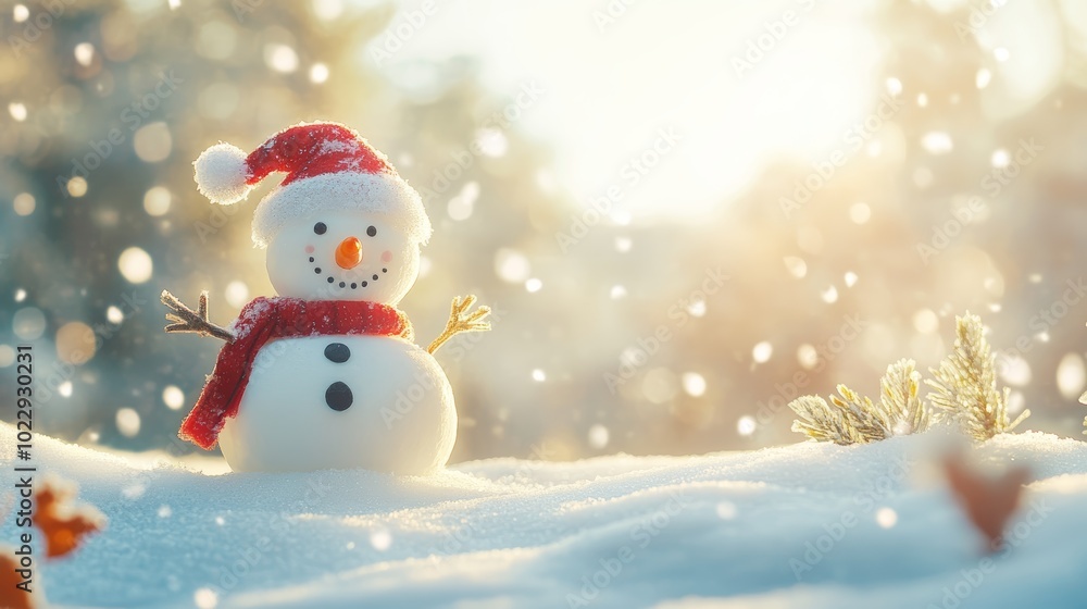 A cheerful snowman standing tall in snowy winter wonderland A cheerful snowman standing tall in snowy winter wonderland