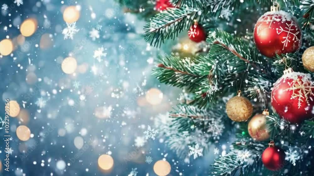 Magical Christmas Background with Fir Branches, New Year Decorations, and Snowfall. Enchanting and Festive Holiday Scene for Seasonal and Decorative Concepts Magical Christmas Background with Fir Branches, New Year Decorations, and Snowfall. Enchanting and Festive Holiday Scene for Seasonal and Decorative Concepts