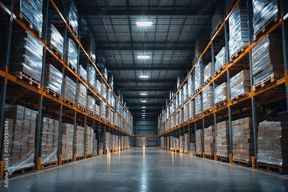 Fototapeta premium Spacious warehouse interior filled with stacked pallets and goods