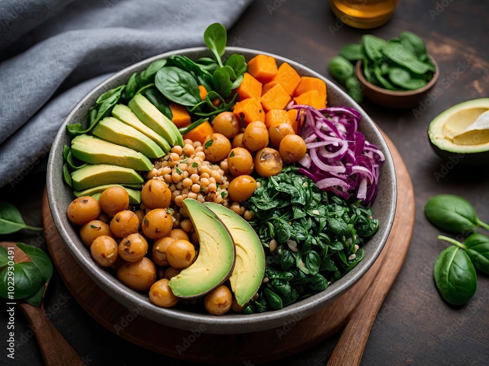 Healthy vegan lunch bowl with Avocado and quinoa and sweet potato and tomato and spinach and chickpeas vegetables salad. Satisfying bowl with Avocado and quinoa and sweet potato Healthy vegan lunch bowl with Avocado and quinoa and sweet potato and tomato and spinach and chickpeas vegetables salad. Satisfying bowl with Avocado and quinoa and sweet potato