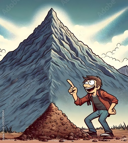 Phrase 'make a mountain out of a molehill' (cartoon illustration)