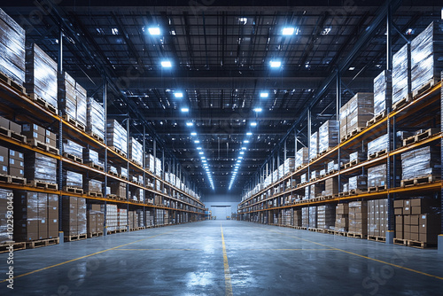 Spacious warehouse interior with organized shelves during daytime