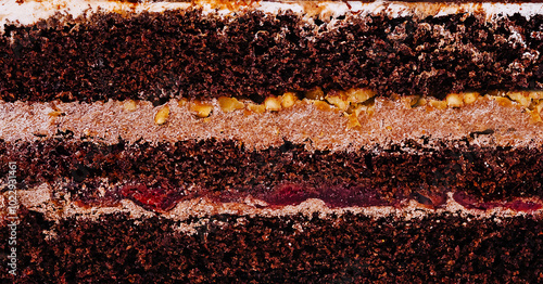 Delicious chocolate cake layers showing filling and frosting