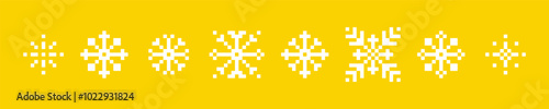 Geometric snowflakes pixel icons set. Abstract winter game elements. Christmas pattern. Mood of 90's aesthetics. Retro style pixelated vector elements. Xmas. Simple geometric shape for collage sticker