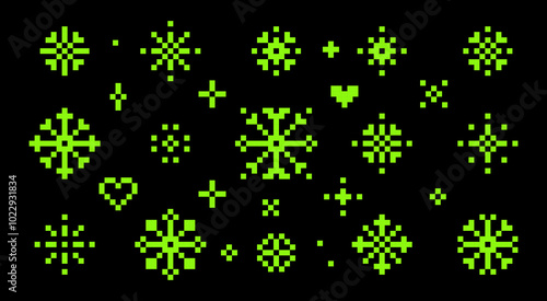 Set of geometric snowflakes pixel icons. Abstract winter game elements. Christmas. Mood of 90's aesthetics. Retro style pixelated vector green elements. Xmas. Simple geometric shape. Collage sticker
