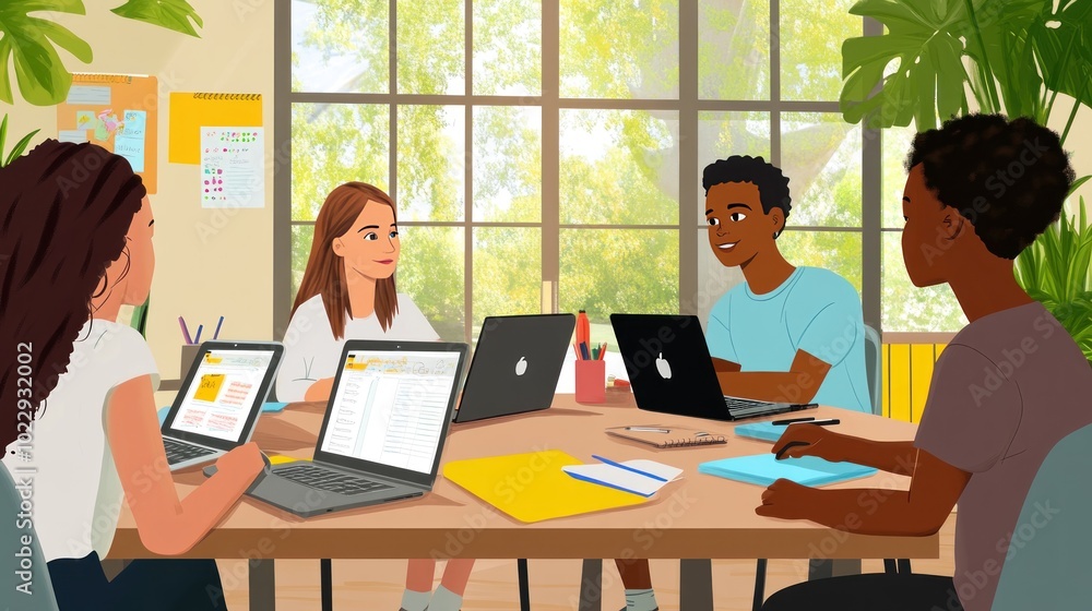 A group of people collaborating around a table with laptops and notes in a bright space. A group of people collaborating around a table with laptops and notes in a bright space.