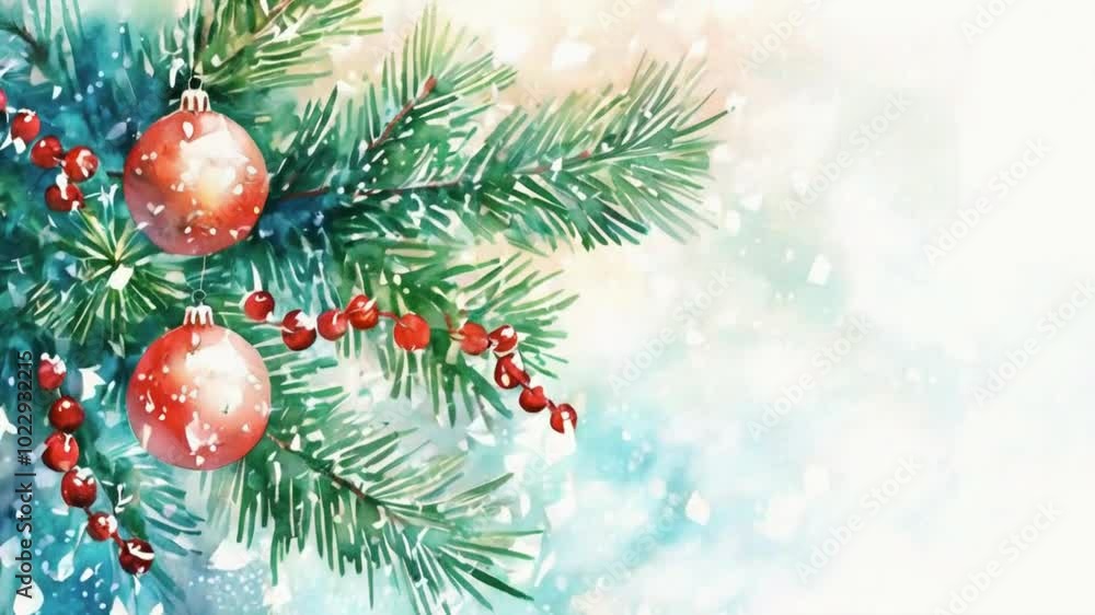 Cute Watercolor Christmas Background with Fir Branches, Red Berries, and Snowfall. Whimsical and Festive Holiday Scene for Seasonal and Decorative Concepts Cute Watercolor Christmas Background with Fir Branches, Red Berries, and Snowfall. Whimsical and Festive Holiday Scene for Seasonal and Decorative Concepts