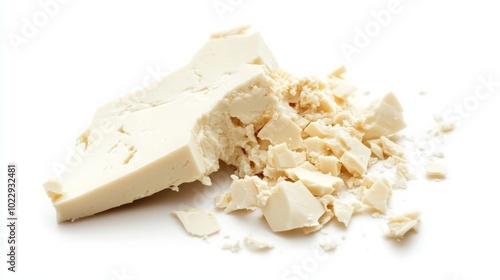 A large chunk of white chocolate broken into small pieces on a white background.