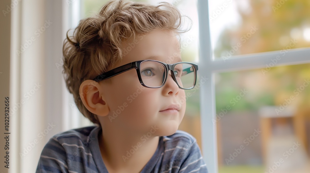 Young child wearing blue glasses focusing on distant tree outside window, symbolizing myopia prevention and importance of outdoor activities. Young child wearing blue glasses focusing on distant tree outside window, symbolizing myopia prevention and importance of outdoor activities.