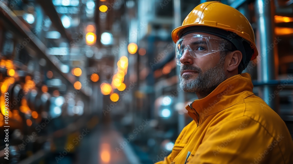 Industrial Foreman: A focused and determined industrial worker, clad in safety gear, stands amidst the intricate machinery of a modern factory. Industrial Foreman: A focused and determined industrial worker, clad in safety gear, stands amidst the intricate machinery of a modern factory.