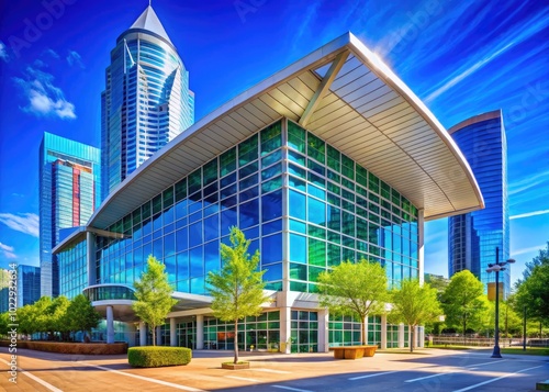 Modern Architecture of the Charlotte Convention Center in North Carolina Against a Clear Blue Sky photo