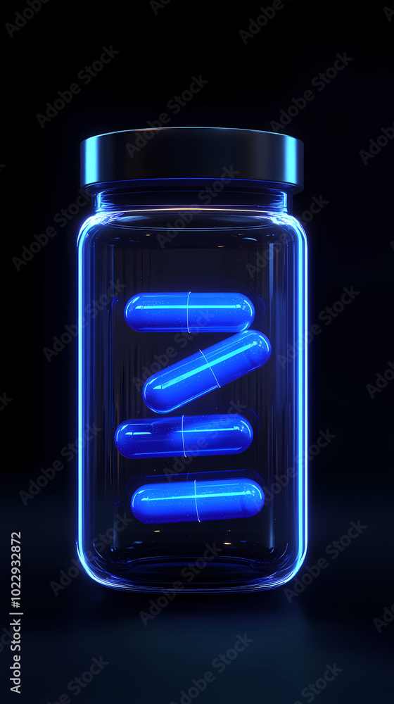 Medicine bottle with capsules in blue light effects Medicine bottle with capsules in blue light effects