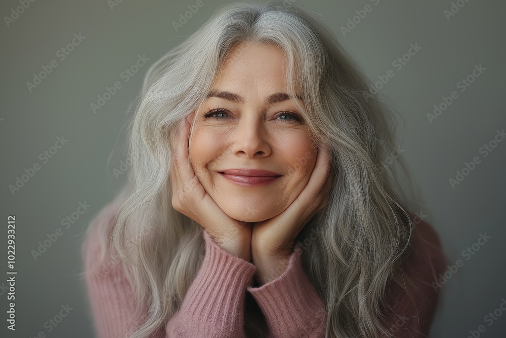 Fototapeta premium Woman with gray hair is smiling and wearing a pink sweater. elderly senior model woman with grey hair laughing and smiling. Healthy face skin care beauty, skincare cosmetics,
