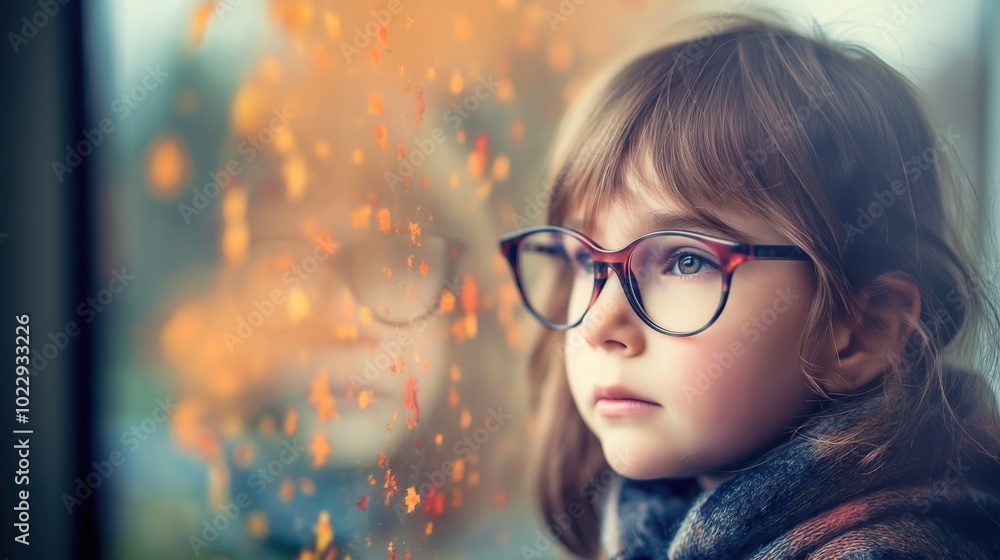 Young child wearing blue glasses focusing on distant tree outside window, symbolizing myopia prevention and importance of outdoor activities. Young child wearing blue glasses focusing on distant tree outside window, symbolizing myopia prevention and importance of outdoor activities.