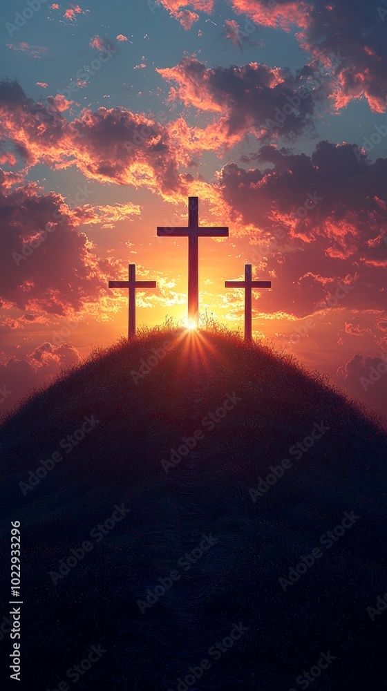 Three crosses stand on a hill as the sun sets behind them, creating a dramatic and symbolic scene. The image evokes themes of faith, sacrifice, and redemption Three crosses stand on a hill as the sun sets behind them, creating a dramatic and symbolic scene. The image evokes themes of faith, sacrifice, and redemption