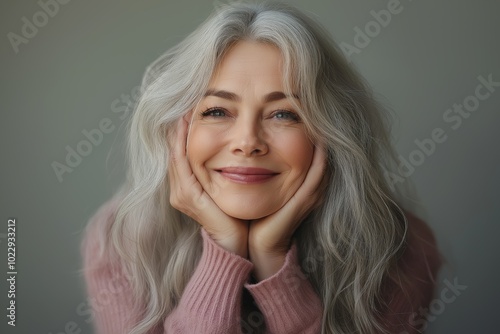 Woman with gray hair is smiling and wearing a pink sweater. elderly senior model woman with grey hair laughing and smiling. Healthy face skin care beauty, skincare cosmetics,