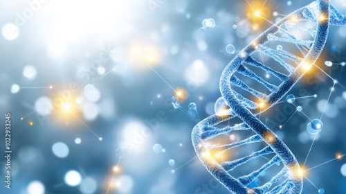 A close-up view of a DNA double helix against a blurred blue background, showcasing scientific beauty and genetic exploration.