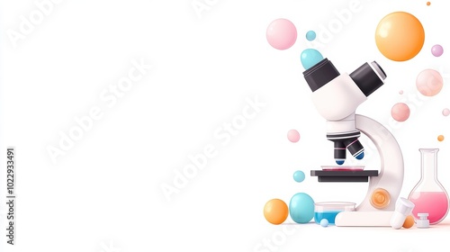 A colorful microscope surrounded by bubbles and a flask, perfect for educational or scientific purposes.