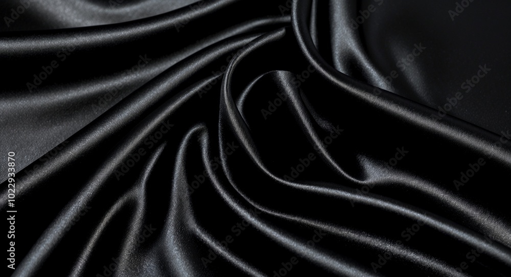 Fototapeta premium Soft shiny black textile luxury fabric folds background. Dark silk Black Friday sales header banner wallpaper design. 