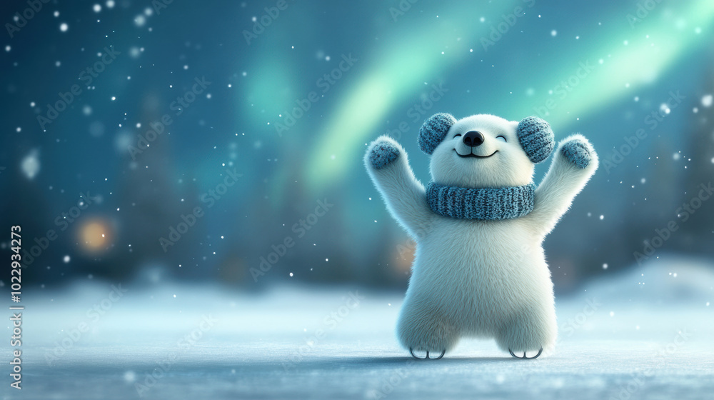 joyful polar bear with earmuffs and scarf celebrates in snowy landscape under northern lights. scene captures sense of happiness and winter wonder joyful polar bear with earmuffs and scarf celebrates in snowy landscape under northern lights. scene captures sense of happiness and winter wonder