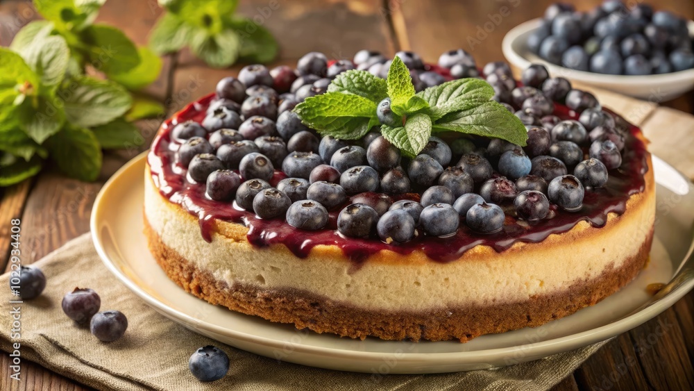 A cheesecake garnished with blueberries and mint. A cheesecake garnished with blueberries and mint.