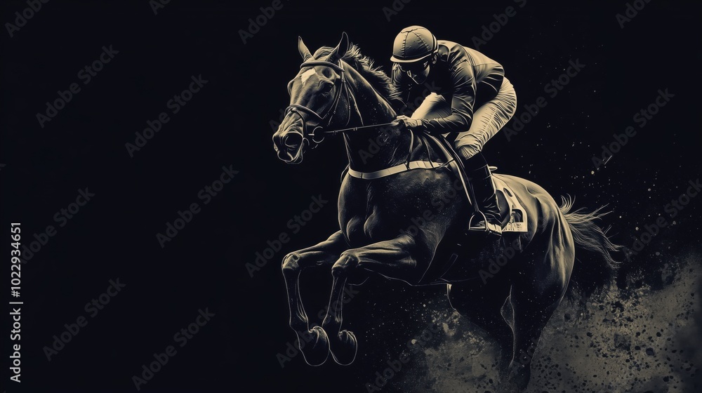 Horse racing action, jockey riding galloping horse, dynamic motion, dark background Horse racing action, jockey riding galloping horse, dynamic motion, dark background