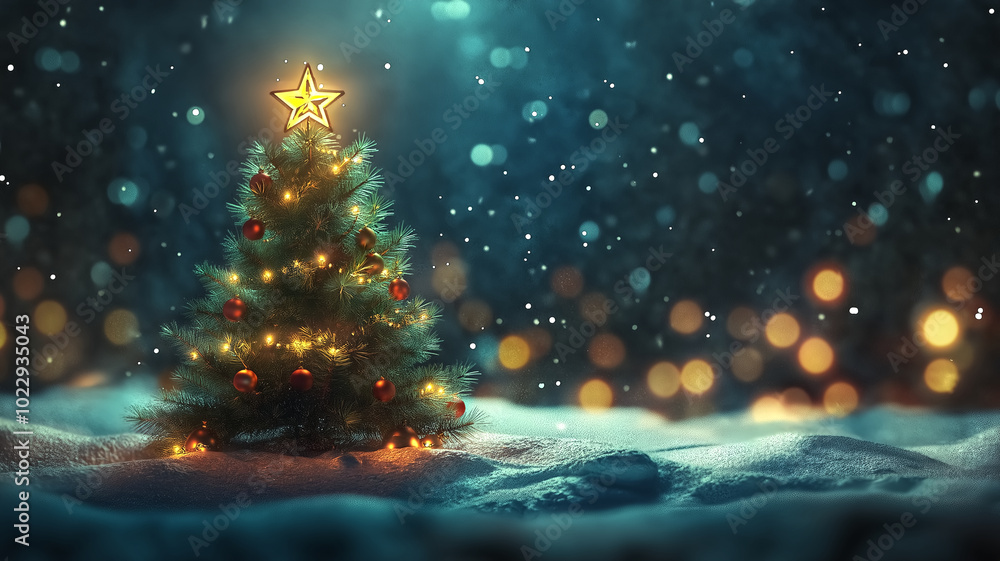 A Christmas tree with a golden star on top, set against a snowy night scene for Christmas card or banner A Christmas tree with a golden star on top, set against a snowy night scene for Christmas card or banner
