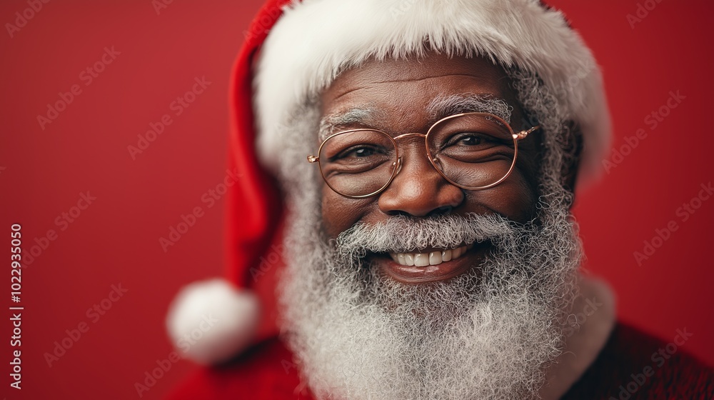 Man with a red hat and a red scarf is smiling. He has a beard and a mustache. Happy black african american santa claus smiling against red background Man with a red hat and a red scarf is smiling. He has a beard and a mustache. Happy black african american santa claus smiling against red background