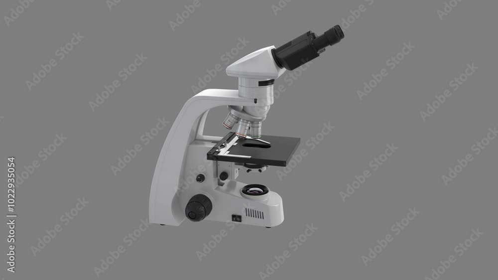 Microscope. Rotation model of professional magnifying device for microbiology, chemistry, pharmaceuticals. Gray background. Alpha channel. Isolated. Seamless loop. 3D render Microscope. Rotation model of professional magnifying device for microbiology, chemistry, pharmaceuticals. Gray background. Alpha channel. Isolated. Seamless loop. 3D render