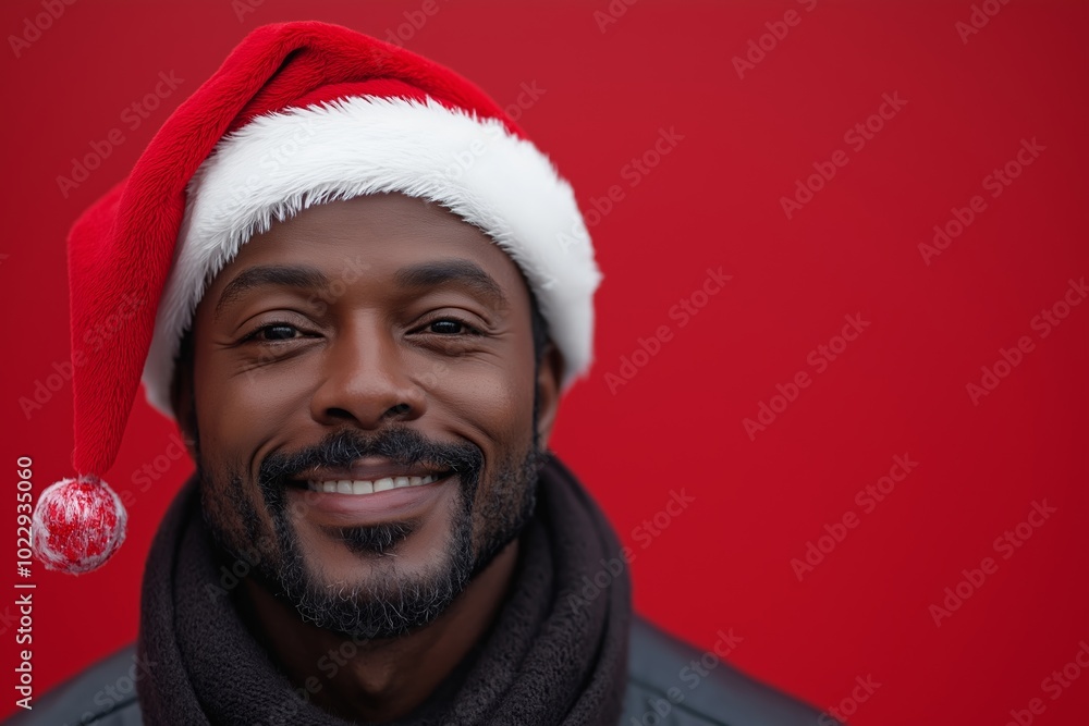 Man with a red hat and a red scarf is smiling. He has a beard and a mustache. Happy black african american santa claus smiling against red background