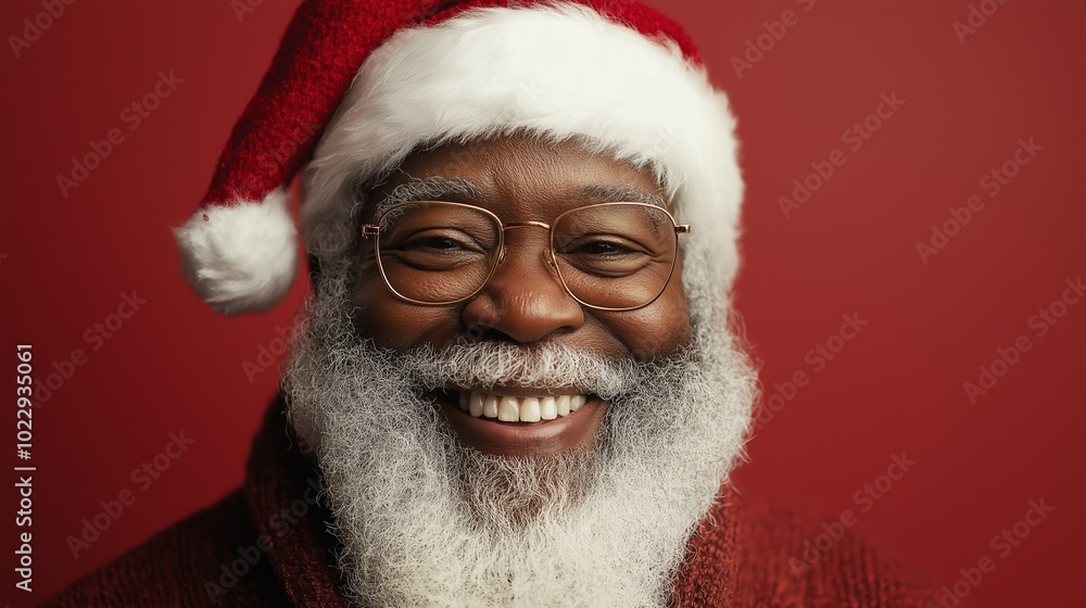 Man with a red hat and a red scarf is smiling. He has a beard and a mustache. Happy black african american santa claus smiling against red background Man with a red hat and a red scarf is smiling. He has a beard and a mustache. Happy black african american santa claus smiling against red background