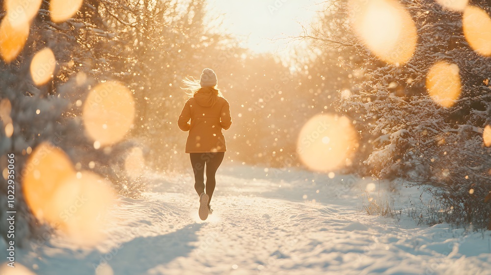 A woman running in the winter, with snow falling, surrounded by beautiful scenery during the golden hour. A woman running in the winter, with snow falling, surrounded by beautiful scenery during the golden hour.