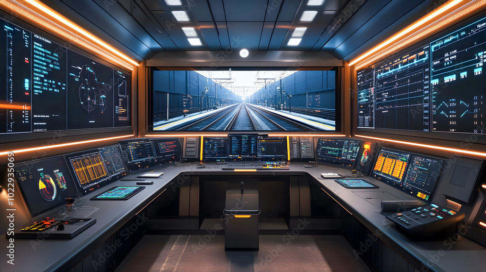 A futuristic rail safety control room, with digital displays. A futuristic rail safety control room, with digital displays.