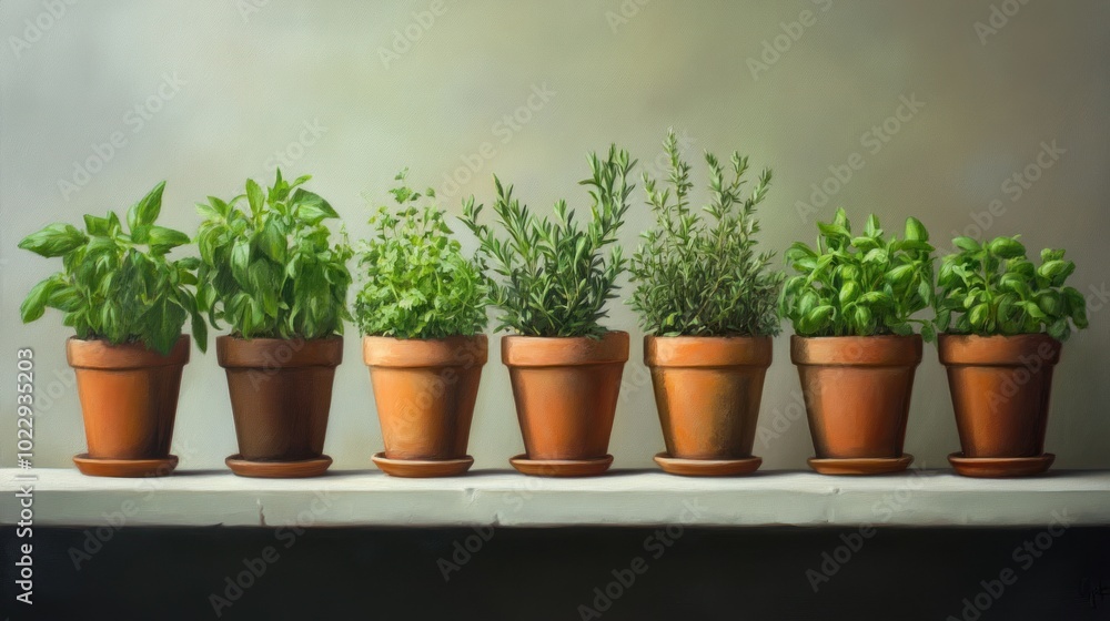 A Still Life of Seven Potted Herbs on a White Shelf