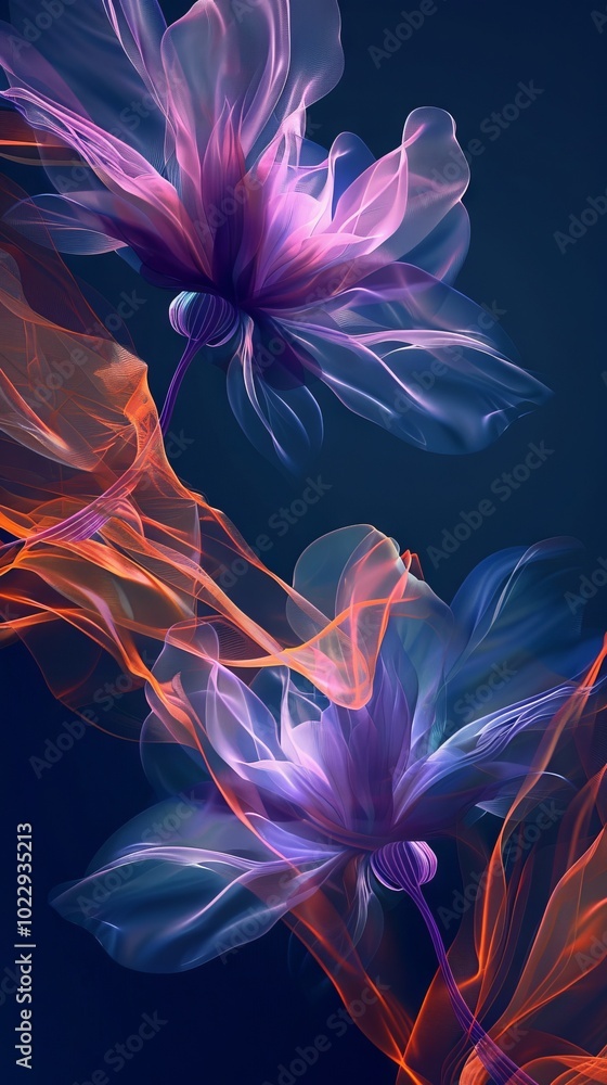 Obraz premium Two purple flowers with orange stems