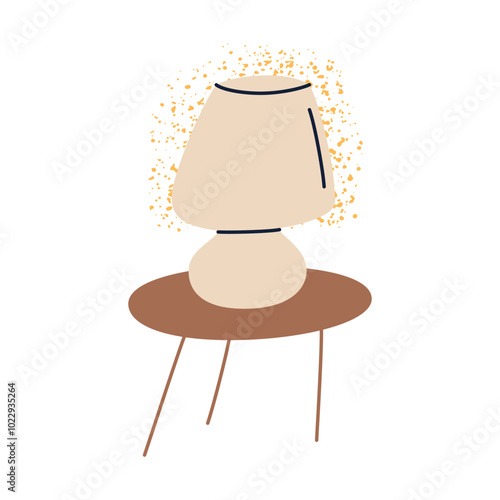 Trendy mushroom shaped bedside lamp on round table. Vector illustration in flat style. Cozy lighting perfect for interior design, relaxation, and creating warm home atmosphere