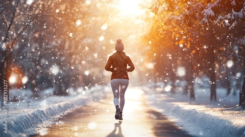 A woman running in the winter, with snow falling, surrounded by beautiful scenery during the golden hour.