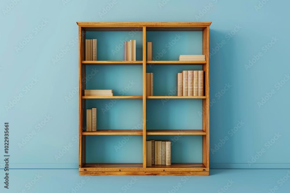 Wooden bookshelf filled with books against a light blue wall in a modern interior Wooden bookshelf filled with books against a light blue wall in a modern interior