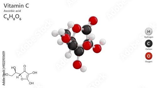 Molecule of ascorbic acid (C6H8O6) or vitamin C is a water-soluble vitamin essential for the growth and repair of tissues. It acts as a powerful antioxidant. White back. 3d render. Seamless loop