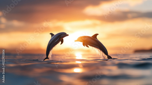 Dolphins playfully jumping out of water during stunning sunset, creating beautiful scene filled with joy and energy. Their graceful movements capture essence of freedom and natures beauty