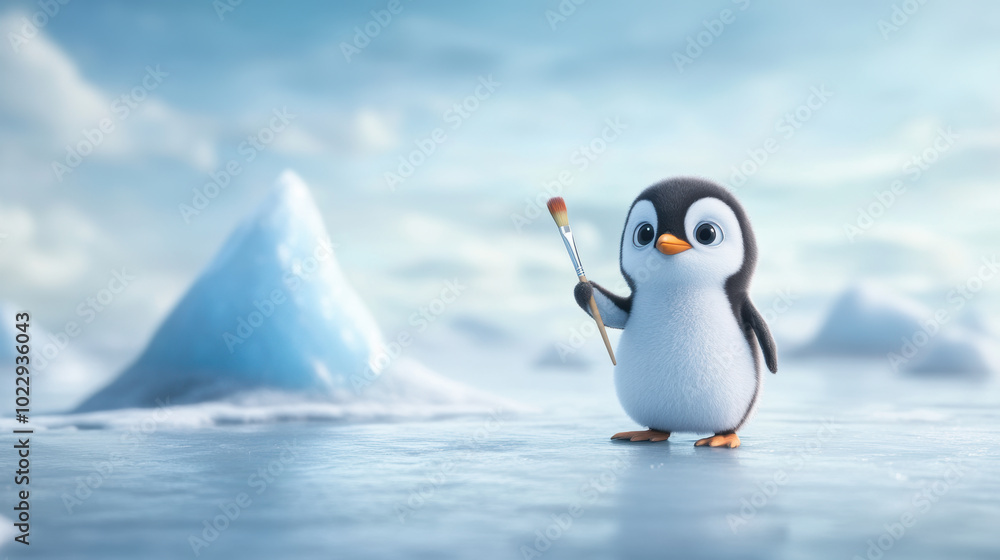 Obraz premium cute penguin holding paintbrush stands on icy landscape, ready to create masterpiece. serene environment enhances artistic vibe of this charming scene
