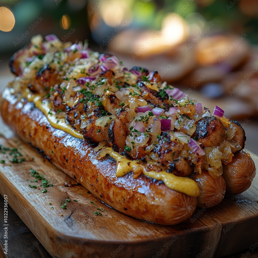 Grilled Sausage with Spiced Toppings on Wooden Board Grilled Sausage with Spiced Toppings on Wooden Board