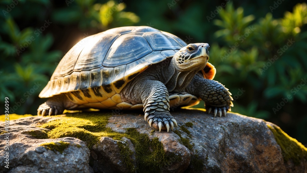 Obraz premium Turtle Resting Gracefully on Top of a Rock in Natural Sunlight