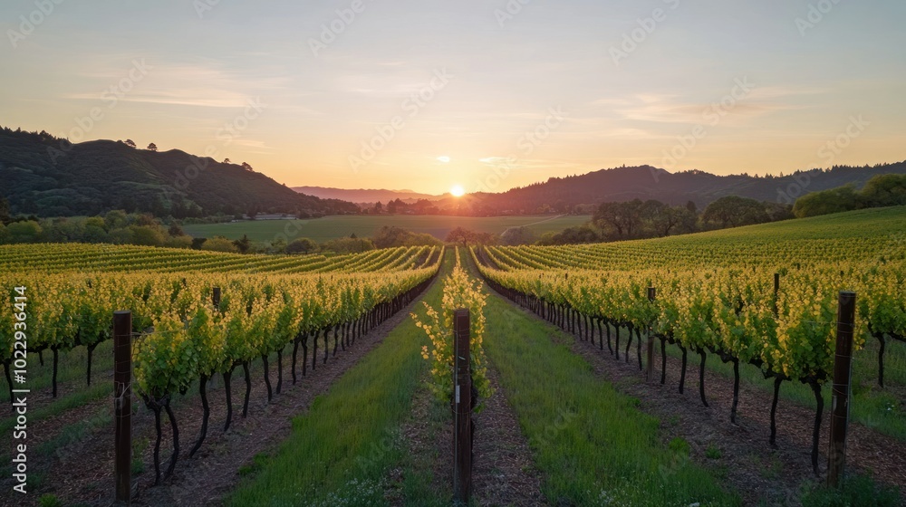 Fototapeta premium Sunset Over a Vineyard with Rows of Grape Vines