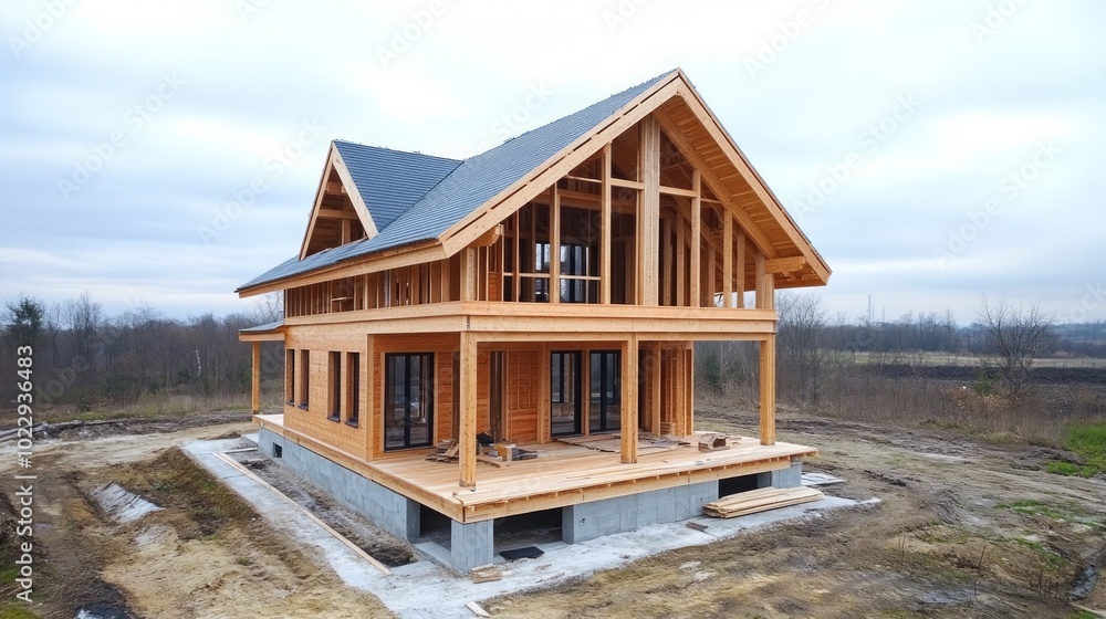 A modern wooden house under construction with a large deck and windows. A modern wooden house under construction with a large deck and windows.